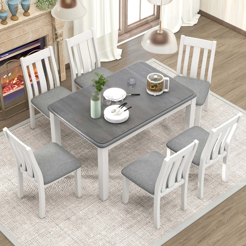 Ensemble de table de salle à manger 7 pièces de style rétro avec table extensible et 6 chaises rembourrées, Blanc, Gris clair