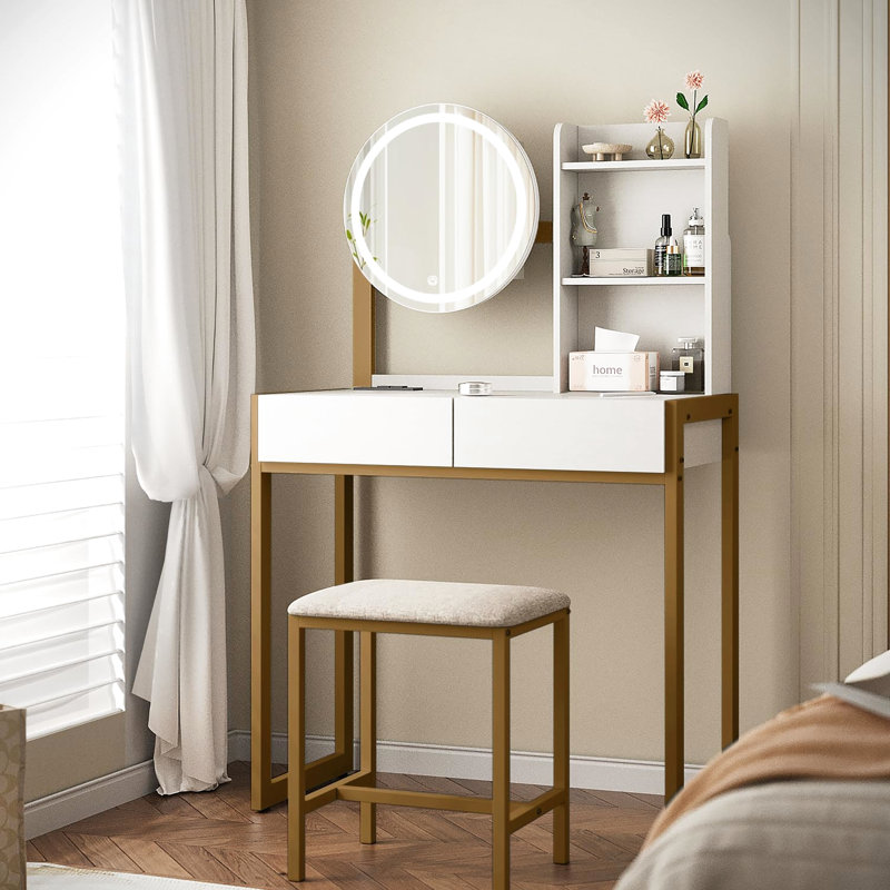 Bureau de meuble-lavabo avec miroir à DEL, éclairage réglable, prise de courant, tiroir, tablettes ouvertes et tabouret, petit contrôle tactile blanc doré