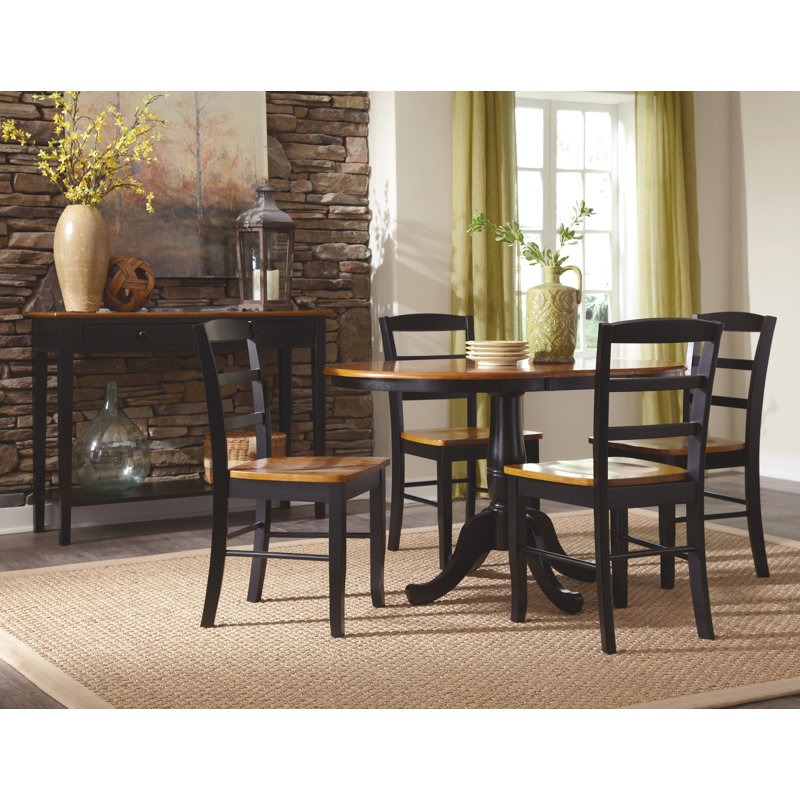 Gadmann Pedestal Extendable Solid Wood Dining Set, Hickory/Stone, 5 Pieces: Table, 4 Chairs