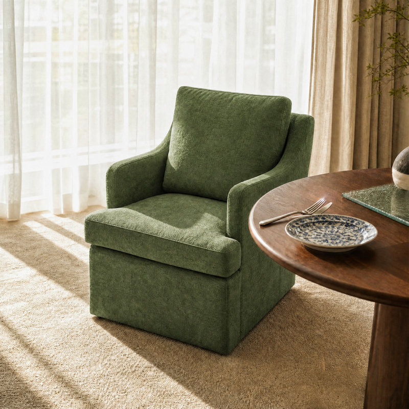 Chaise de salle à manger rembourrée pivotante en chenille avec dossier incurvé et accoudoirs, Vert