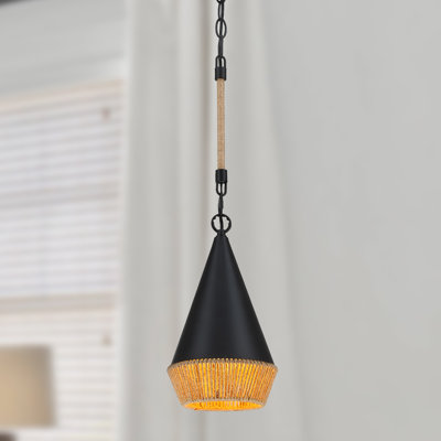 Luminaire suspendu 14 po en corde de chanvre rustique noir à 1 lumière avec abat-jour tissé à la main pour îlot de cuisine