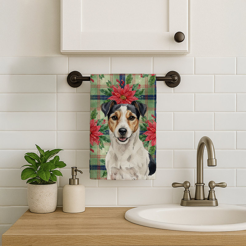 Parson Russell Terrier Christmas PoinsettIas Kitchen Towel, White/Black/Brown Parson Russell Terrier