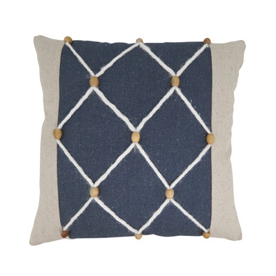 Navy Blue Coastal Rope & Bead Cotton Decorative Throw Pillow Cover 20" W X 20" L