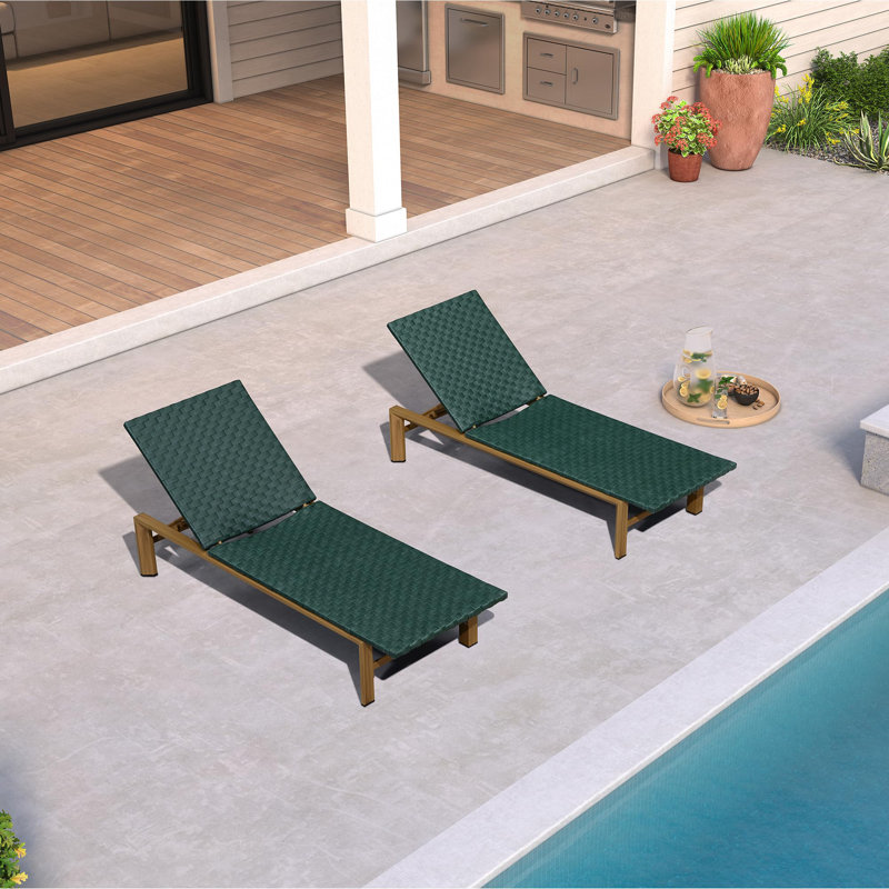 Chaise longue d'extérieur moderne pour patio 1 pièce avec dossier réglable, Vert / bois naturel