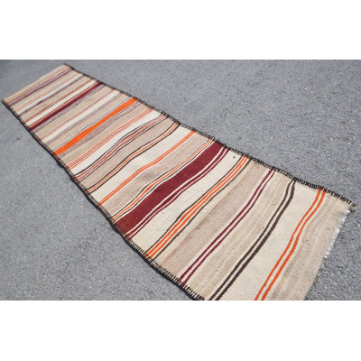 Handmade Vintage Turkish Oushak Kilim Runner Rug in Beige for Kitchen or Hallway Decor