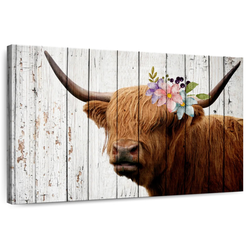 Brampt Wooden Floral Highland Cattle, 26" H x 39" W