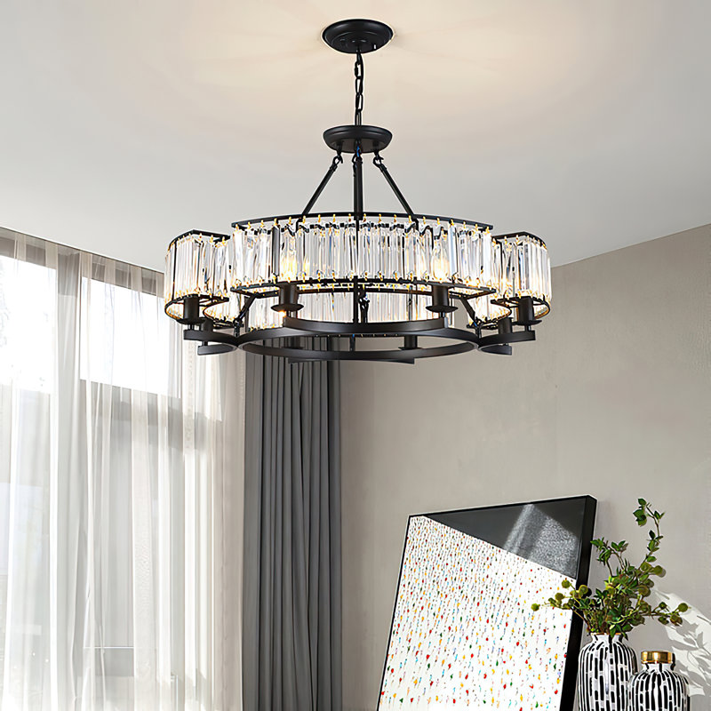 6-light Black Modern Crystal Chandelier Drum Island Adjustable Hangding Semi Flush Mount Ceiling Light