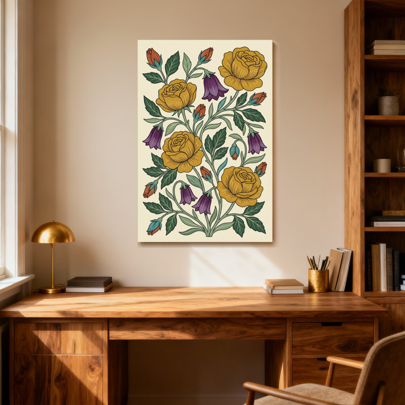 Plantes et fleurs Roses jaunes Clochettes mauves Feuilles vertes, H 18 po x l 12 po