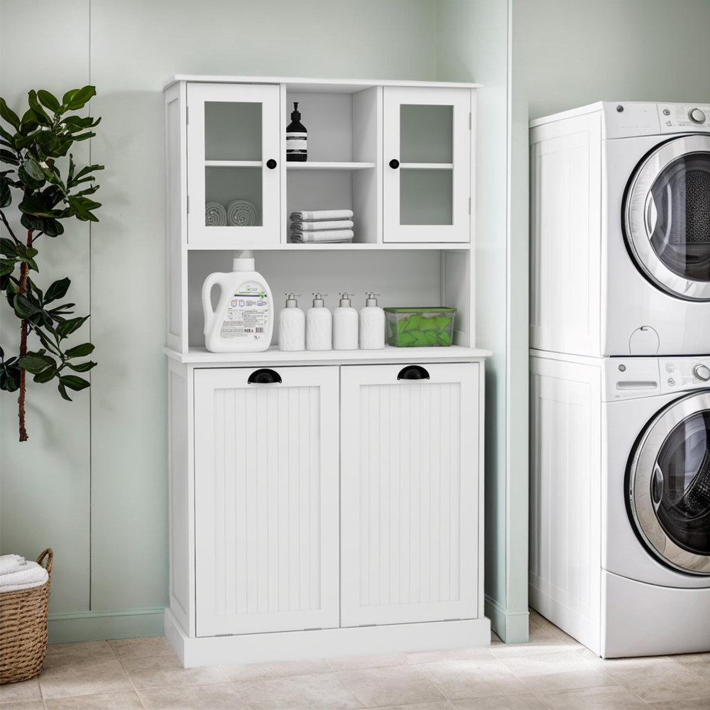 Tall Bathroom Cabinet with Two-Compartment Tilt-Out Dirty Laundry Cabinet, Dirty Laundry Basket Rosecliff Heights