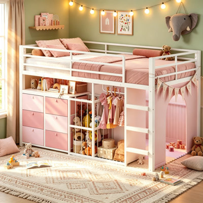 Lit mezzanine bas simple avec rangement en tissu et rangement pour jouets, lit mezzanine en métal avec 6 tiroirs de rangement et espace sous le lit rose