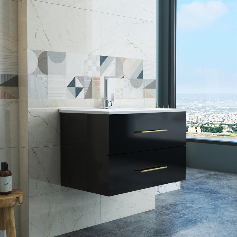 Ensemble de meuble-lavabo mural noir brillant 30 po avec lavabo, 30", Noir