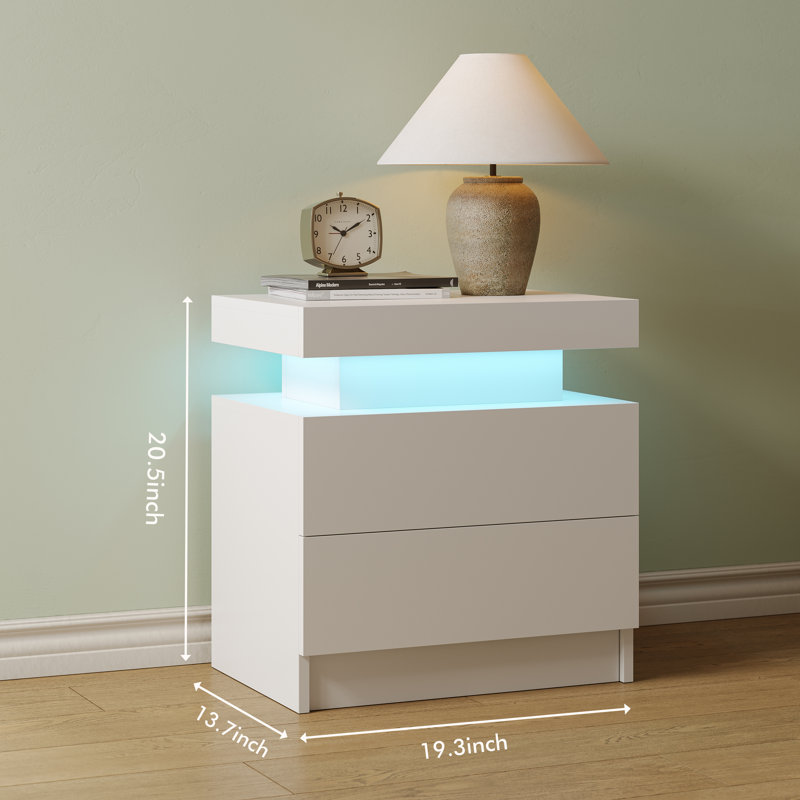 Table de chevet moderne avec lumière DEL et 2 tiroirs, Blanc