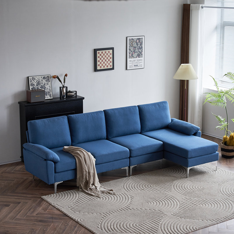 Canapé modulaire en L, 100 % lin bleu