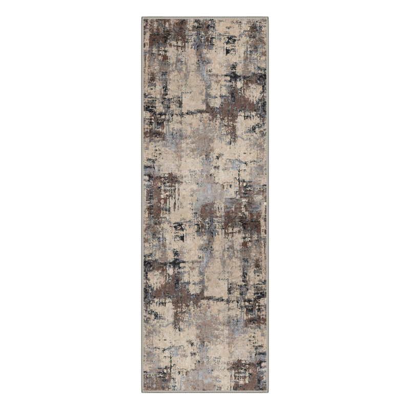 Mignone Kaleido Abstract Machine Washable Taupe Indoor Area Rug With Non-Slip Backing, Runner 2' x 6'