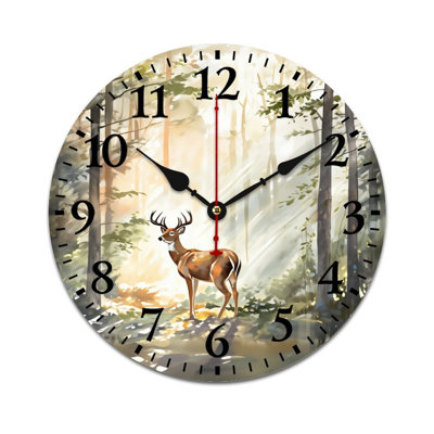 Sunlit forest Deer Watercolor 12×12 inch Round Wall Clock Decor, for Cabin Decor