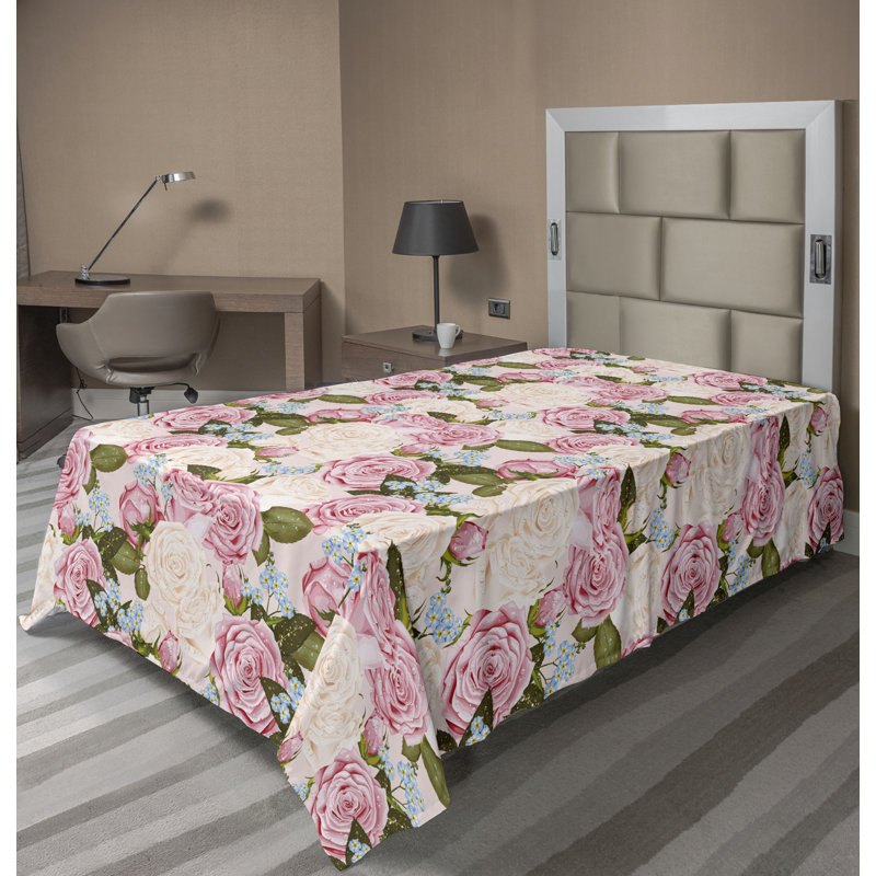 Ambesonne Vintage Flat Sheet Boho Roses Leaves Abstract Size Sage Green and Dark Coral