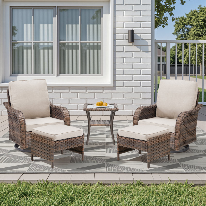 Outdoor Wicker Swivel Chairs With Ottoman & Side Table Set – 2 Swivel Chairs, 2 Ottomans, And 1 Side Table For Patio, Porch, Garden & Poolside