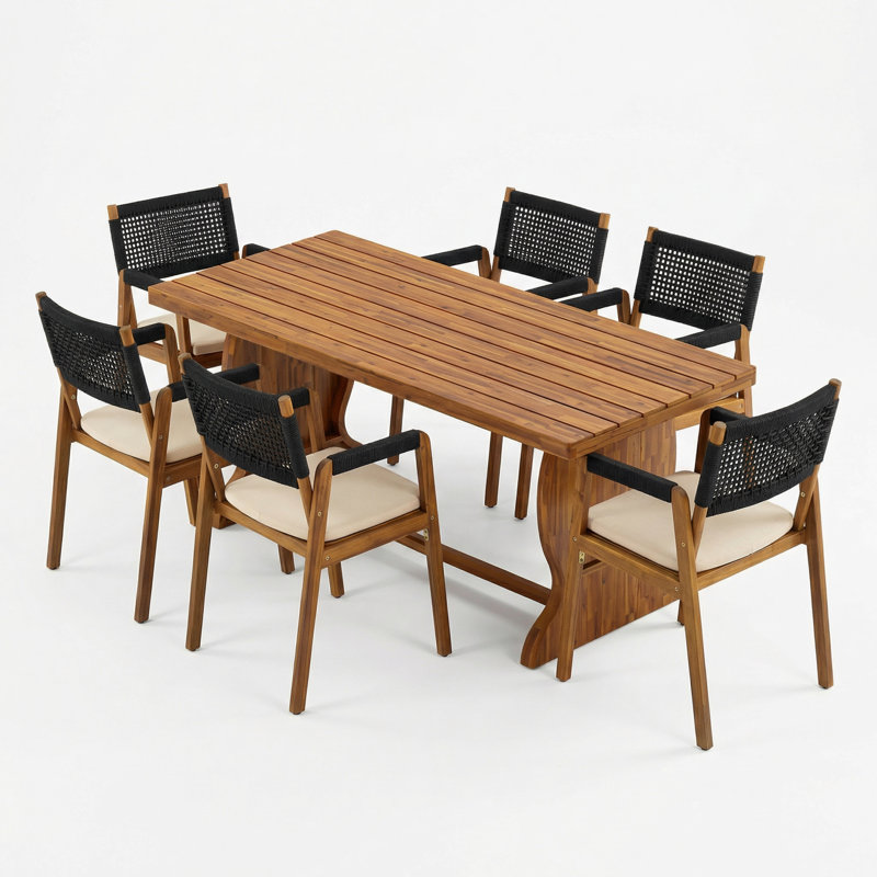 Ensemble de salle à manger 7 pièces en bois d'acacia avec corde tissée et coussins Brendalyn, Corde noire