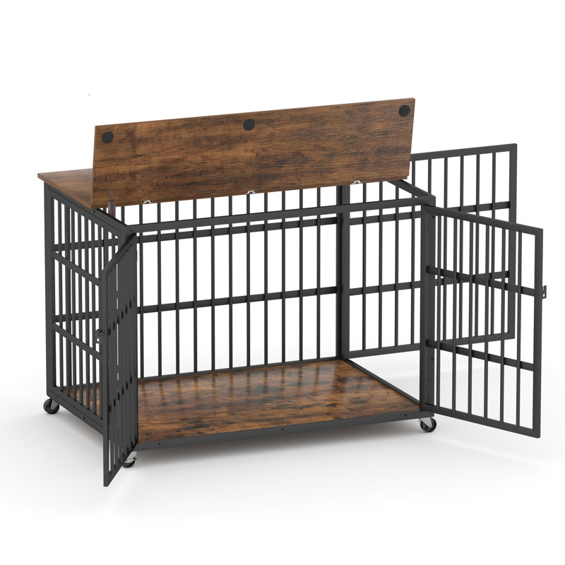 Cage pour chien de style meuble brun l 43,3 po x P 29,9 po x P 33,5 po, vue dégagée pour surveiller votre animal de compagnie, ouverture par le haut, cadre en fer, entrée à double porte, mouvement des roues, installation rapide, bon