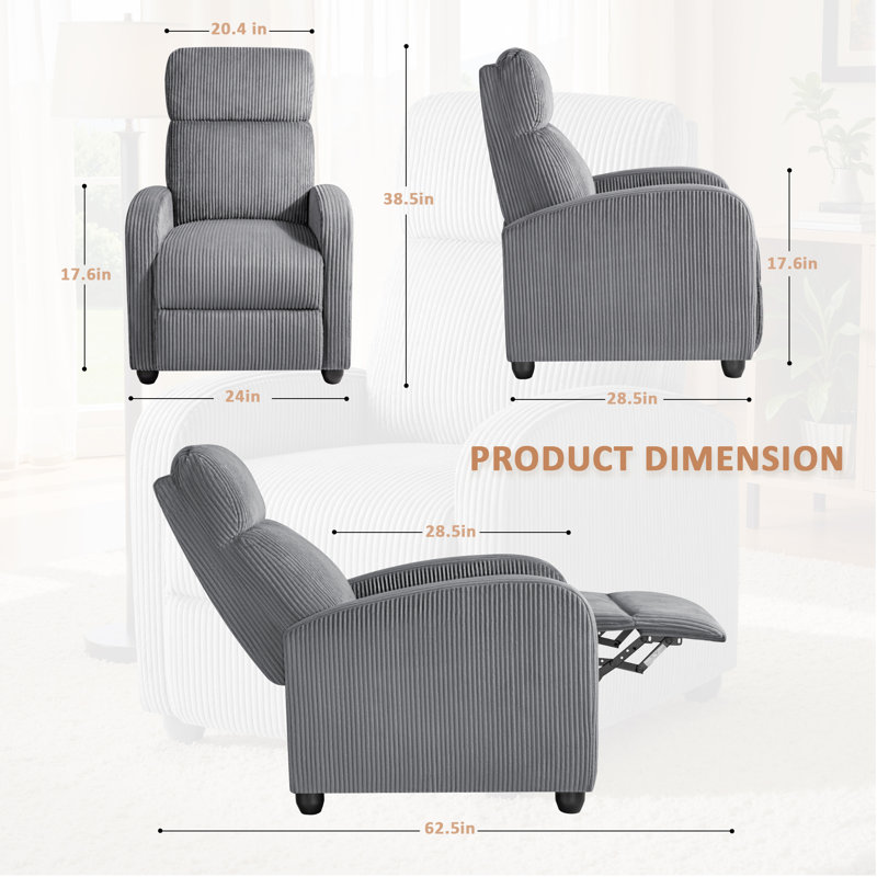 Manual Recliner, Comfortable Corduroy Recliner with Upholstered Back and Seat Cushion, Gray