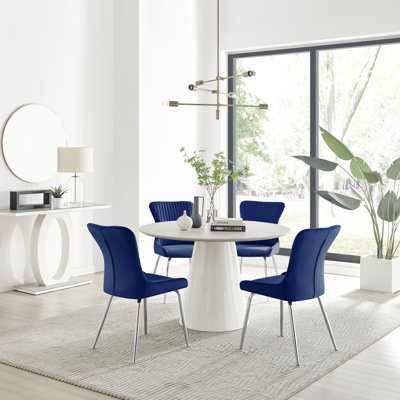 Edzard Statement 4 Person Round Dining Table Set in Luxury Stone Effect - Velvet Dining Chairs