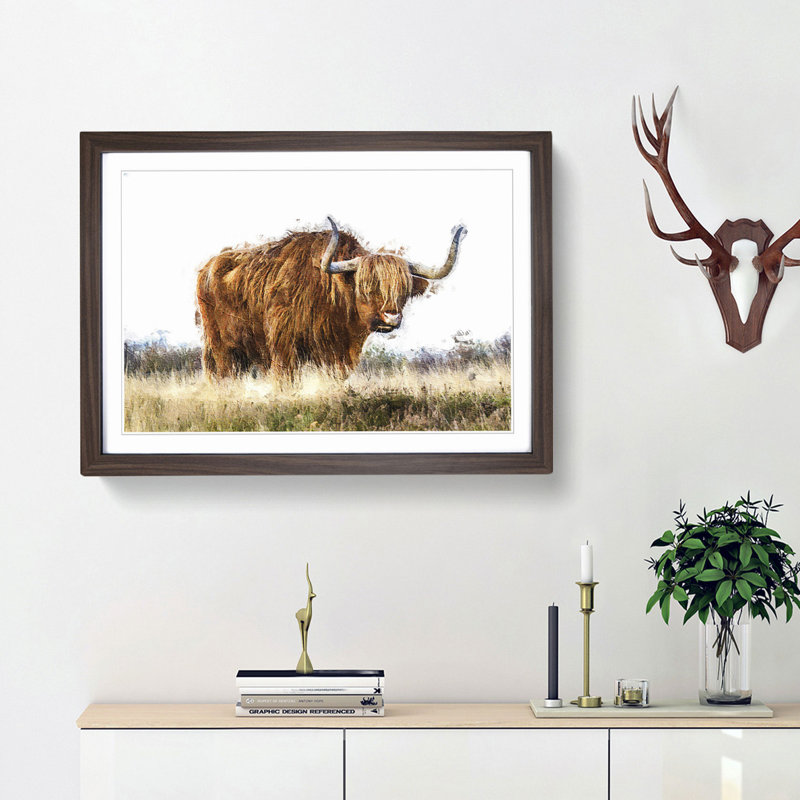 Majestic Highland Cow in Abstract - Picture Frame Painting Print on MDF, Walnut Framed, 36cm H x 48cm W x 2cm D