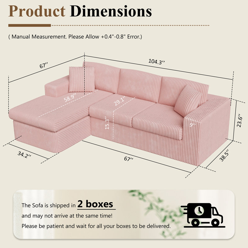 Canapé modulaire désossé 104,3 po Boneless, Velours côtelé rose