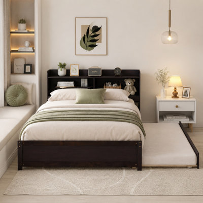 Full Size Platform Bed with Trundle, Bookcase Headboard and Storage Compartments