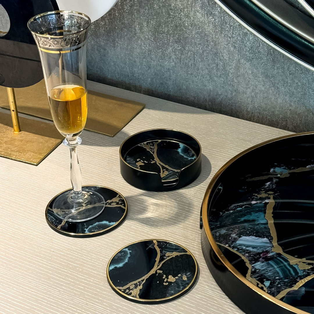 Acrylic Round 4 Piece Coaster Set With Holder