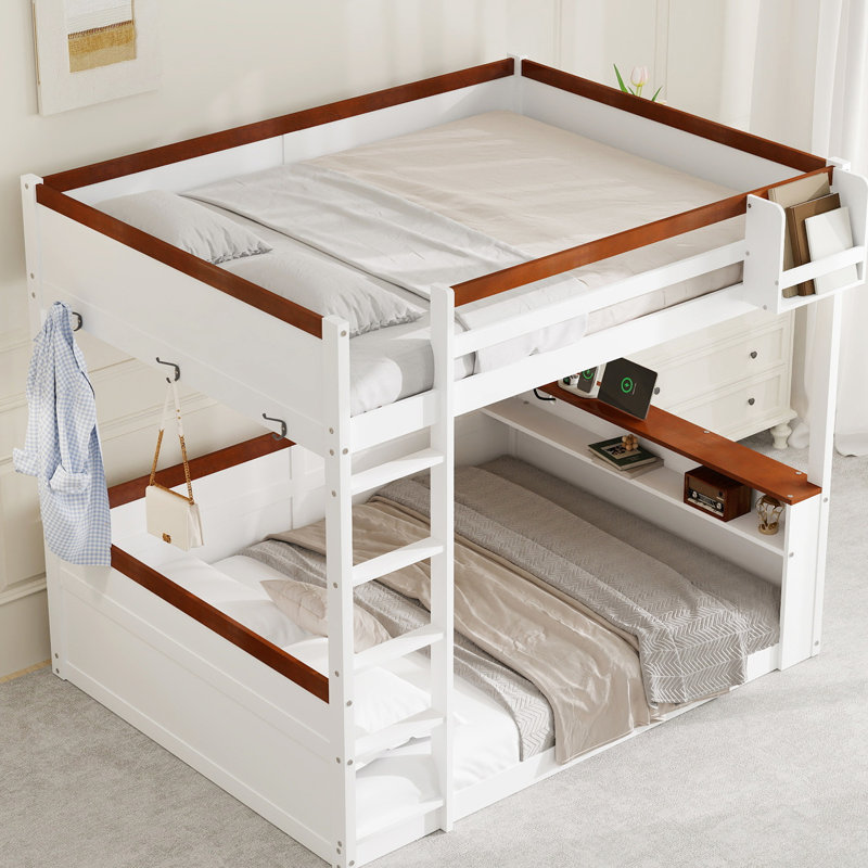 Queen Size White Wooden Bunk Bed With Built - In Storage Shelves, Box, Led , Charging Station, And Clothes Hooks For Bedroom Comfort Productivity Charging, A Multi Functional Practical Solution