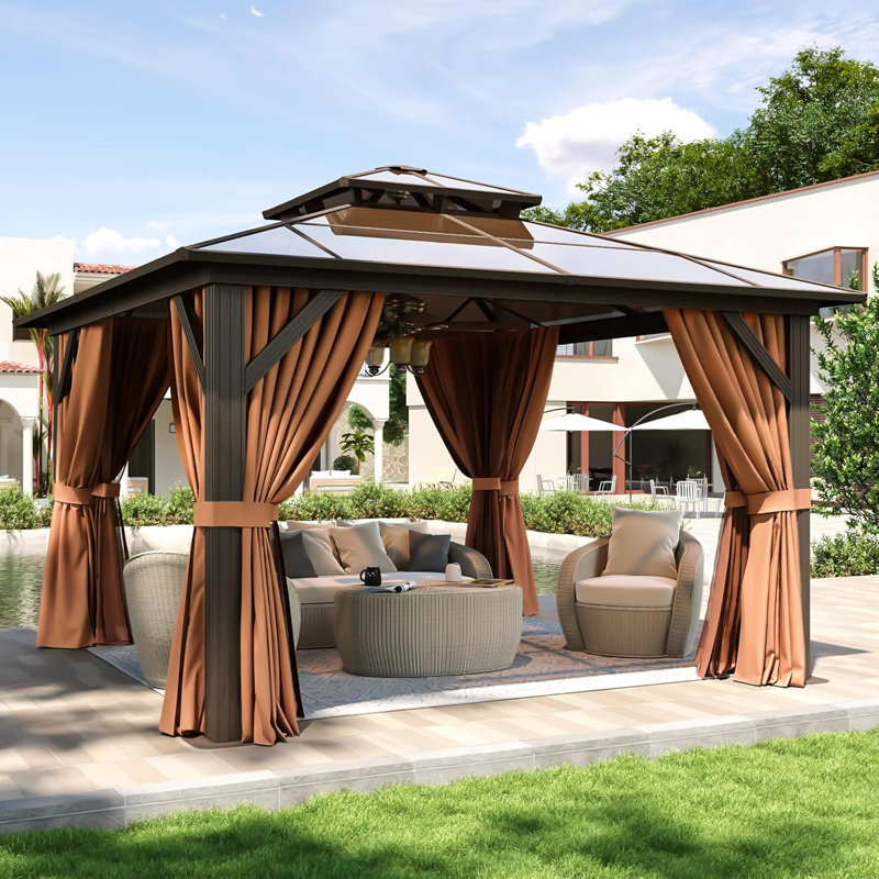 Pavillon de jardin permanent 12 pi x 12 pi avec cadre en aluminium avec rideaux et filet