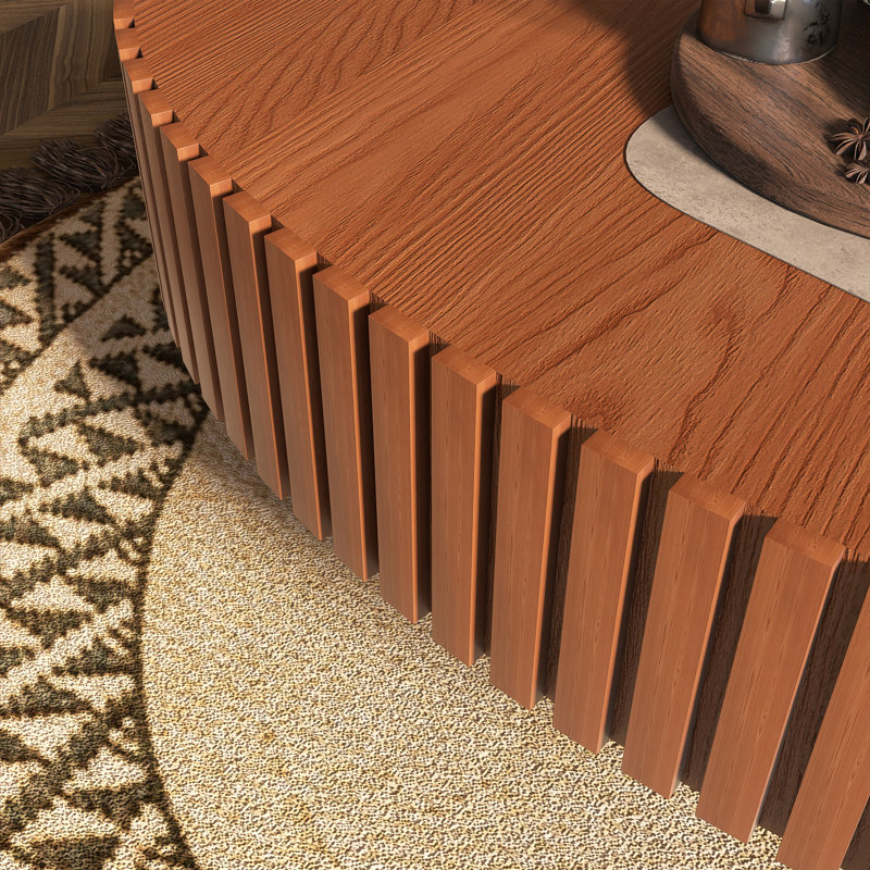 Table basse ovale fabriquée à la main avec relief et piédestal, Bois naturel