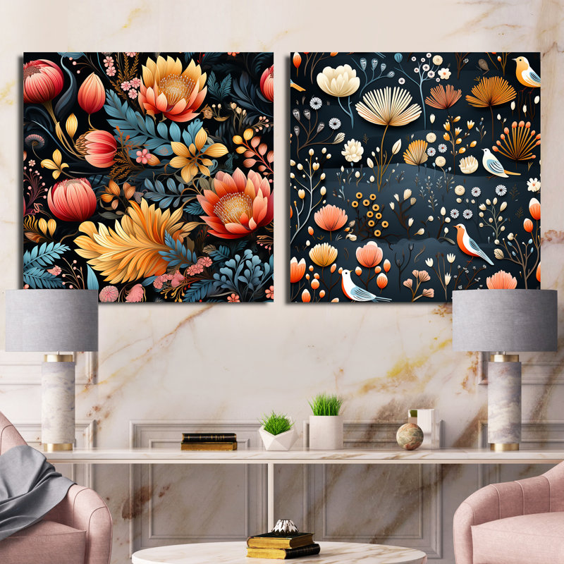 Iban - Ensemble de 2 collages carrés botaniques abstraits, H 30 po x l 61 po, Toile tendue