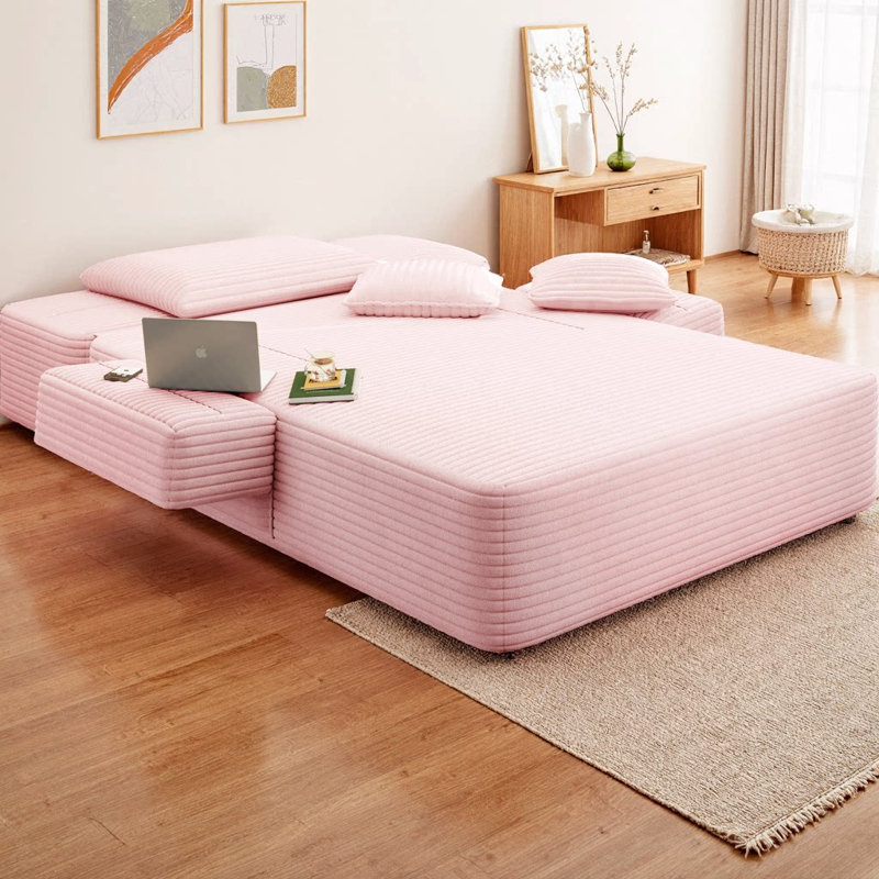 Canapé-lit en velours côtelé moelleux avec 3 coussins, 2-en-1 convertible avec poche latérale, coussin en mousse à ressorts, conception sans assemblage sans cadre pour les petits espaces, salon