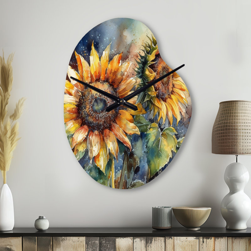 Jaune tournesol symphonie II - horloge de forme unique en métal tournesol, horloge murale asymétrique traditionnelle, Grand