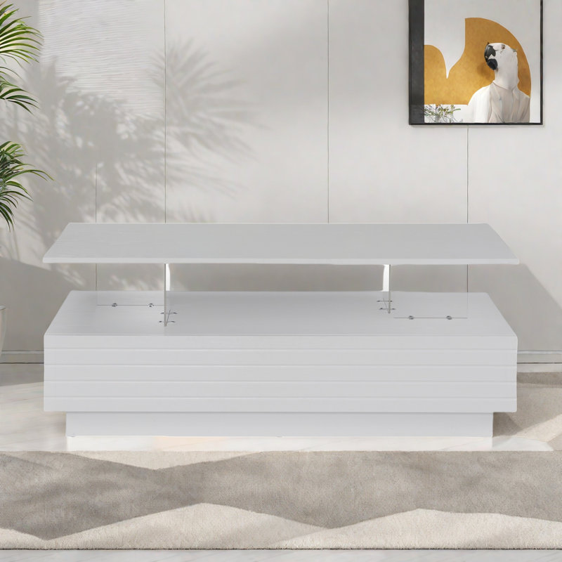 Modern Rectangular Coffee Table With Led Lights, 2 Drawers And Open Storage Shelf, White