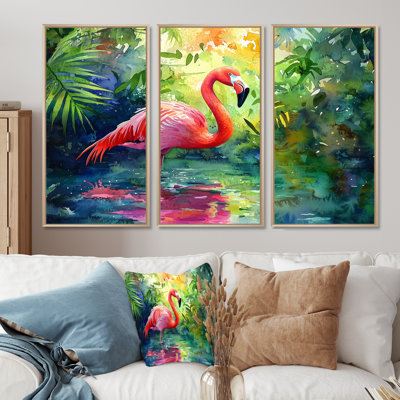 Flamingo In The Lagoon II - Flamingo Wall Art Decor - 3 Pieces