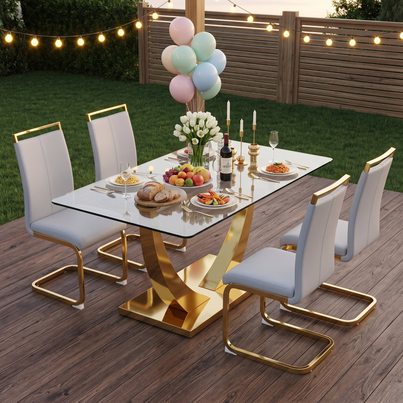 5-Piece Modern Glam 63" Tempered Glass Dining Set with Faux Leather Cantilever Chairs, 5 Pieces: Table, 4 Chairs, Light Gray