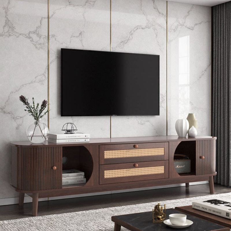 Rattan TV Stand for 75" TVs, 67" Farmhouse Media Console, Solid-Wood Legs, Cable Hole, Brown