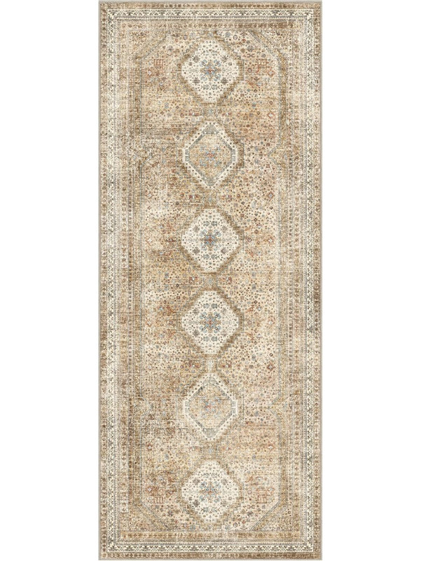 Tapis performance d'intérieur beige / brun Medallia Diamond Medallion, Brun, beige, Tapis de couloir 2 pi 6 po x 8 pi