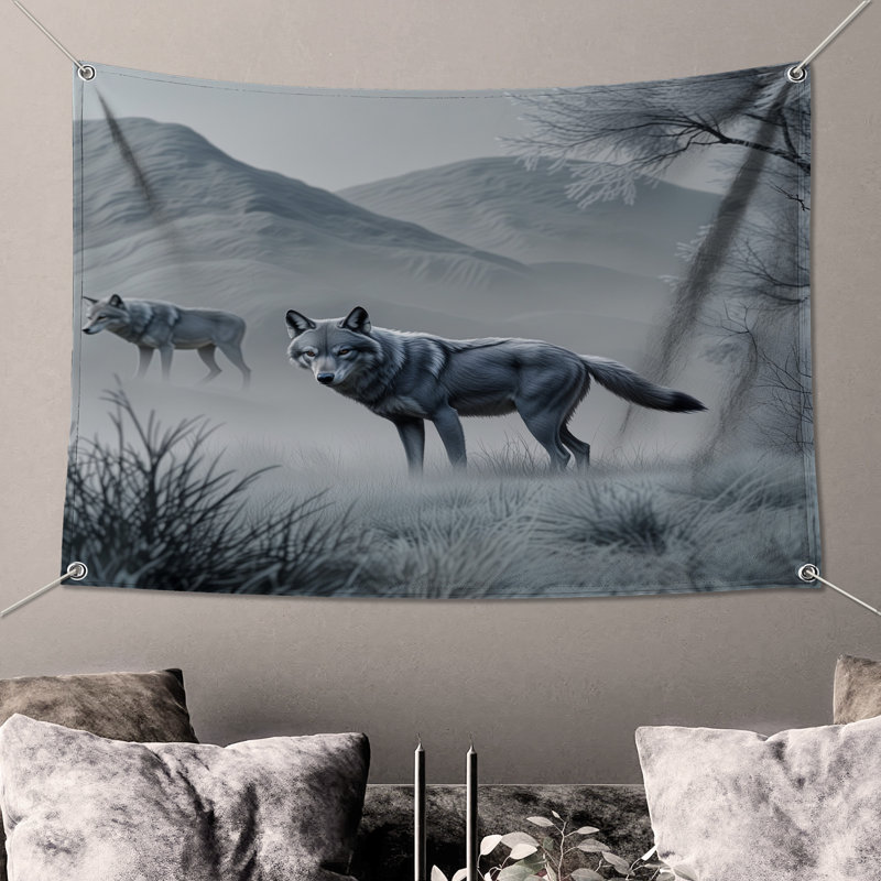 Tapisserie murale loups gris en hiver - loups, H 68 po x l 80 po avec 4 œillets