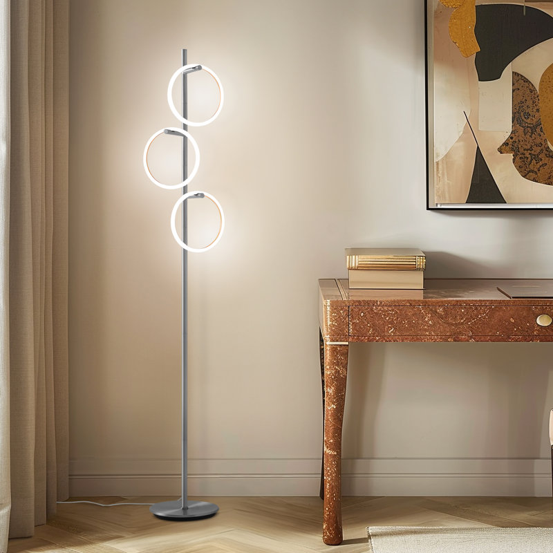 Lampe sur pied DEL moderne de 66 po avec 3 anneaux, finition argentée et gradation tactile intégrée à 3 voies Saturn, Argenté