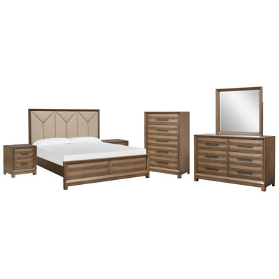 Fidler King Upholstered Panel Bed 2 Nightstands Drawer Dresser With Landscape Mirror And Drawer Chest