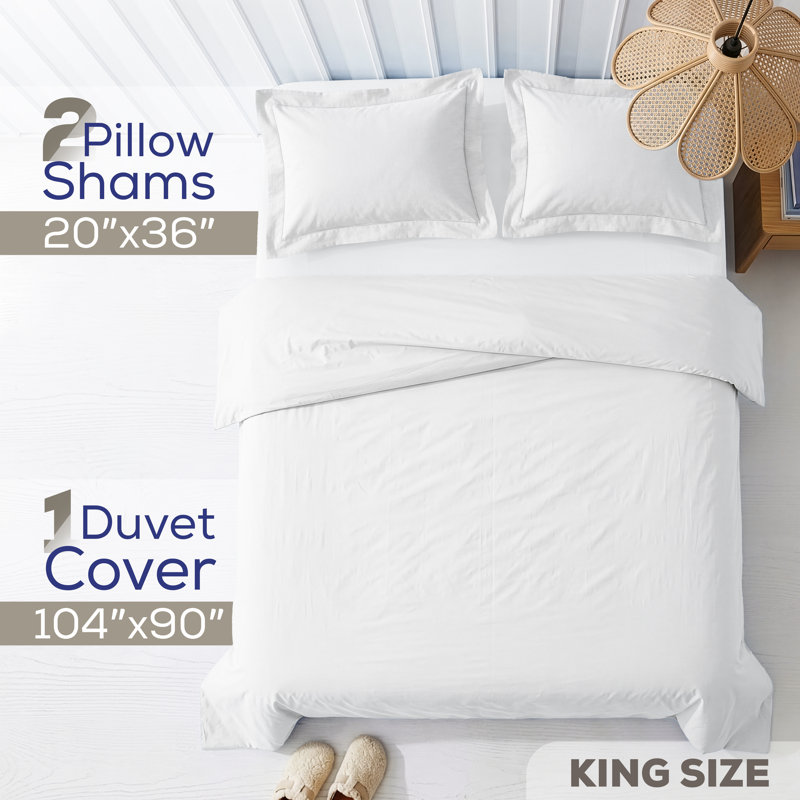 Ensemble de housse de couette 100% coton percale uni - Comprend 1 housse de couette et 2 taies décoratives, Blanc