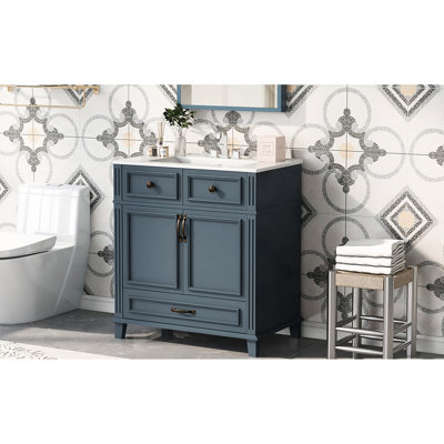 Meuble-lavabo de salle de bain rétro bleu 30 po avec structure en bois massif, lavabo en céramique, rangement spacieux, planches de porte à fermeture douce, mécanisme, quincaillerie exquise, glissière de tiroir lisse