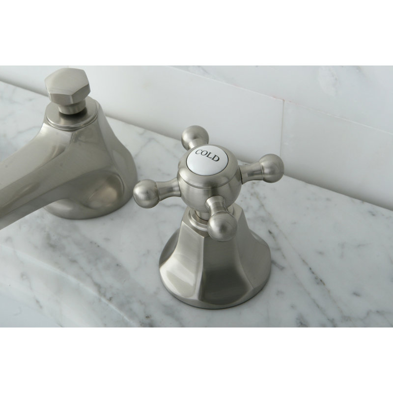 Kingston Brass Metropolitan Two-Handle 3-Hole Deck Mount Widespread Bathroom Faucet with Brass Pop-Up Drain, Brushed Nickel