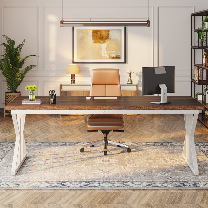 Metal Base Computer Desk, Rustic Brown, 75Cm H x 200Cm W x 70Cm D, White