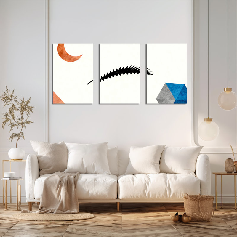 Abstrait, croissant de lune et plume, art mural sur toile, impression moderne minimaliste (ensemble de 3), H 18 po x l 36 po