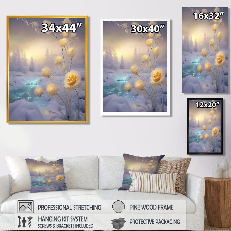 Jaune jaune, coucher de soleil et champ d'hiver brillant - roses, art mural, Toile avec cadre flottant noir