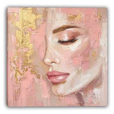 «Soft Glam Woman Portrait», art mural sur toile rose doré, peinture sur toile tendue, décor GT15493